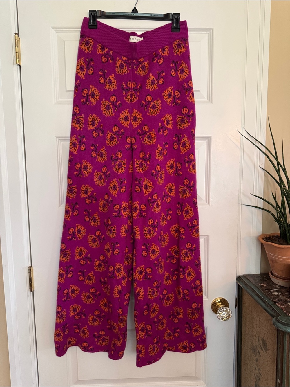 Rhôde L Bright Fuchsia Floral Wide-Leg Knit Pants